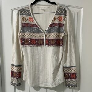 Maurices Cream and Red Patterned Long Sleeve Blouse